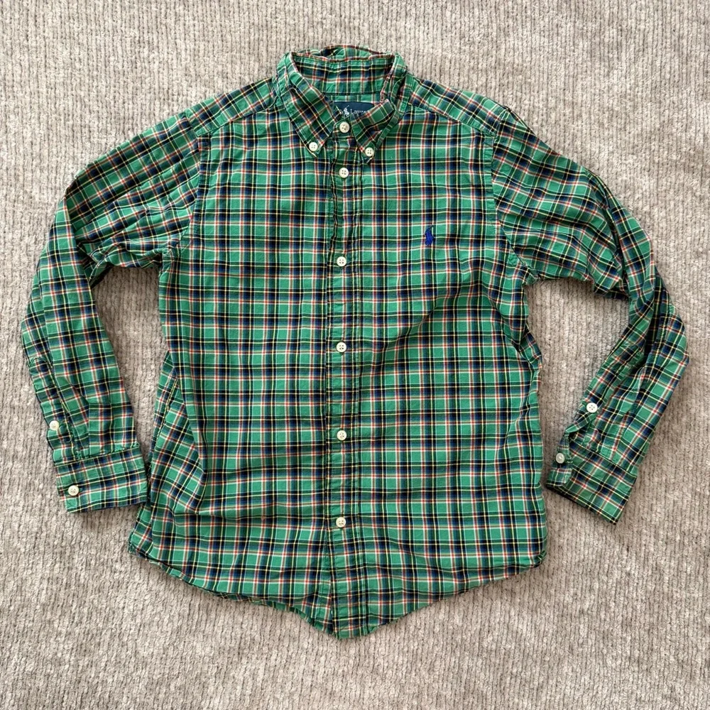 Ralph Lauren Boys Green Plaid Button Down‎ Shirt Size 7 Long Sleeve